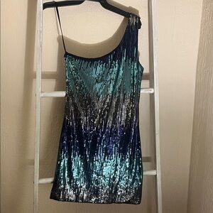 Love Reign One-Shoulder Sequin Dress - Teal and Silver